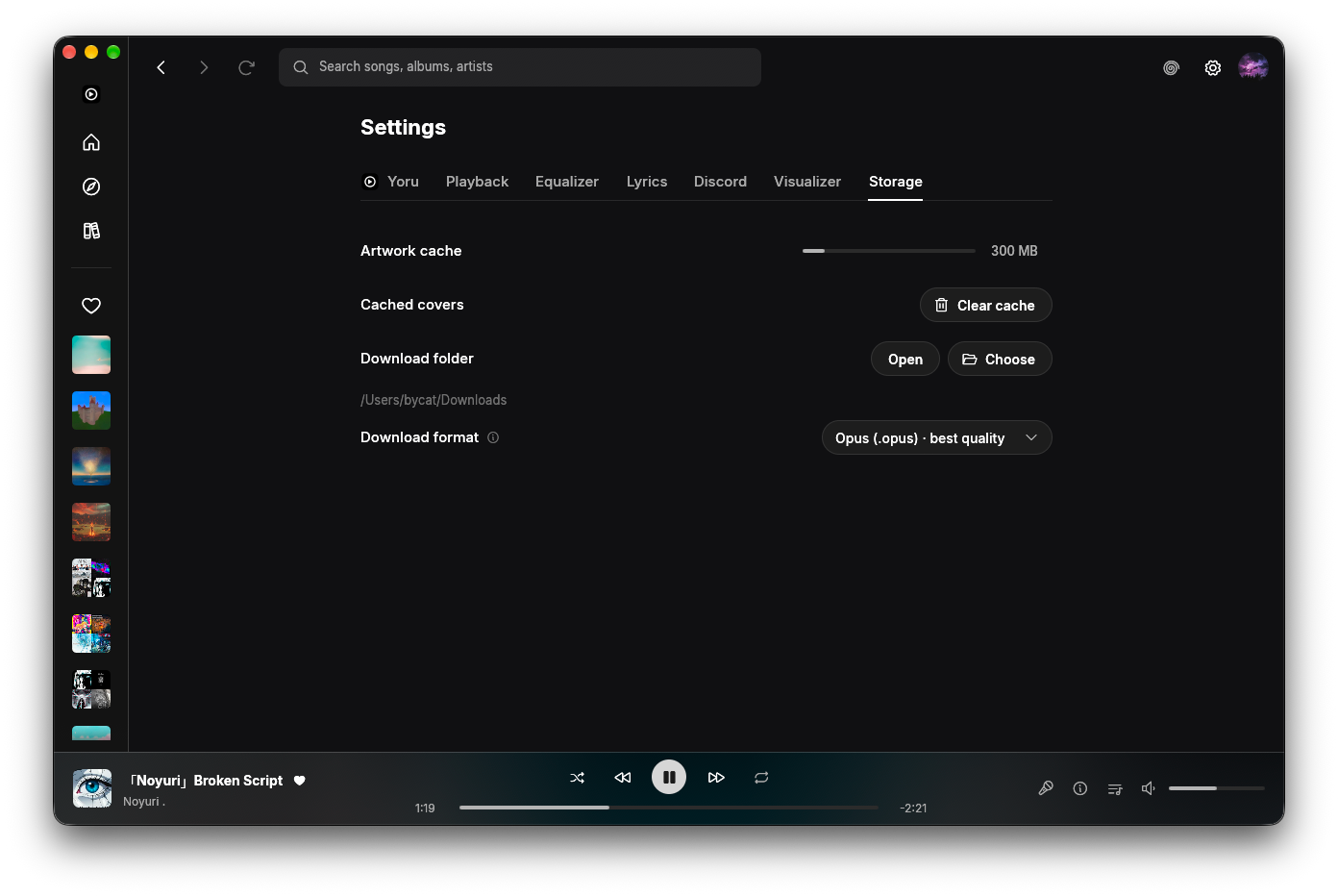 Yoru's Storage settings with artwork cache, download folder and download format