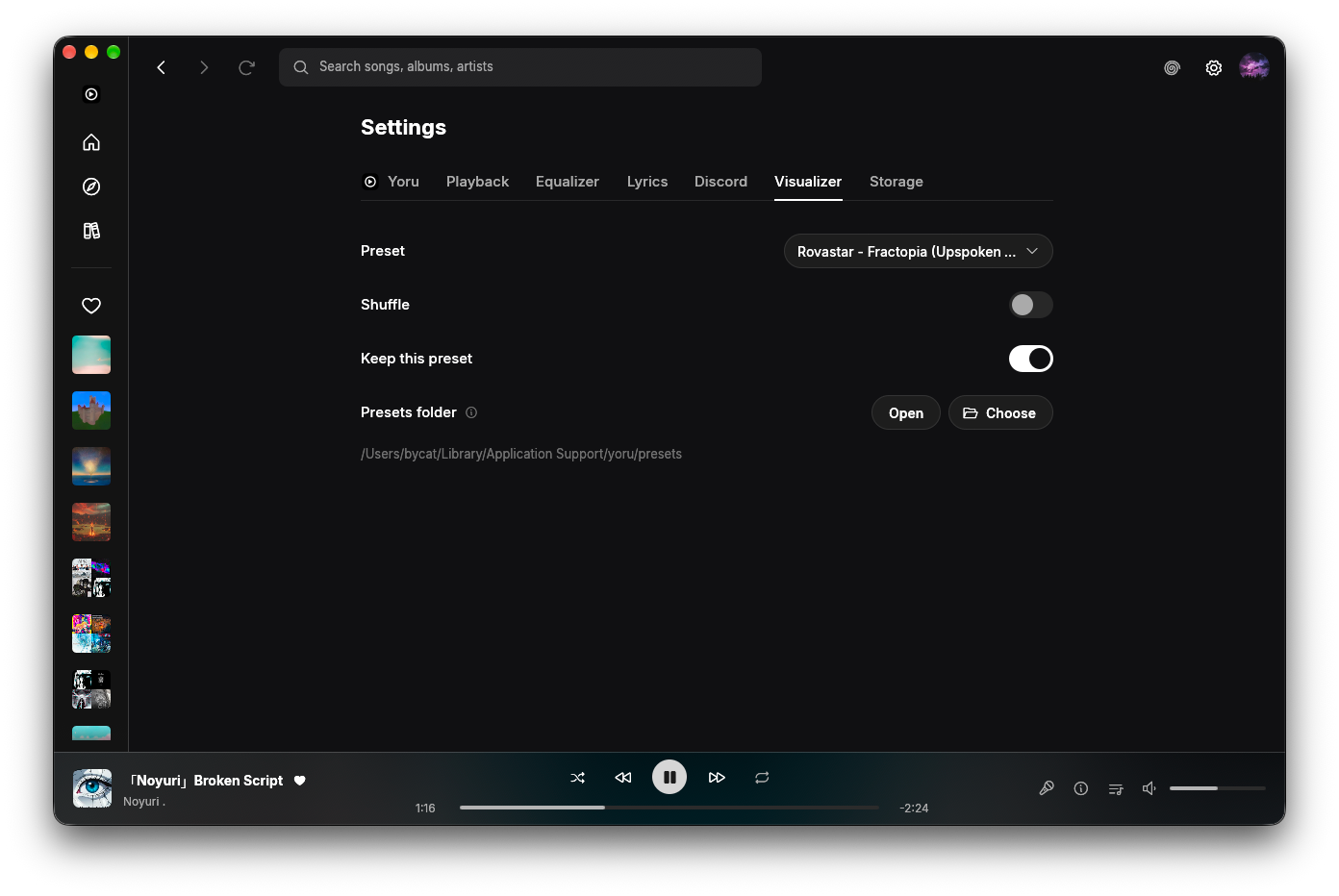 Yoru's Visualizer settings with preset, shuffle, keep this preset and a presets folder