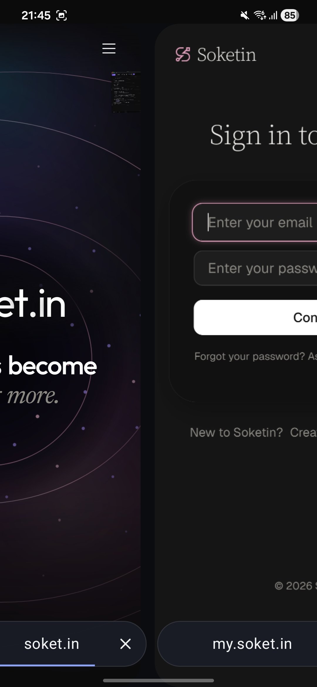 Swiping between two open tabs in Luma, each with its own address pill and a close button