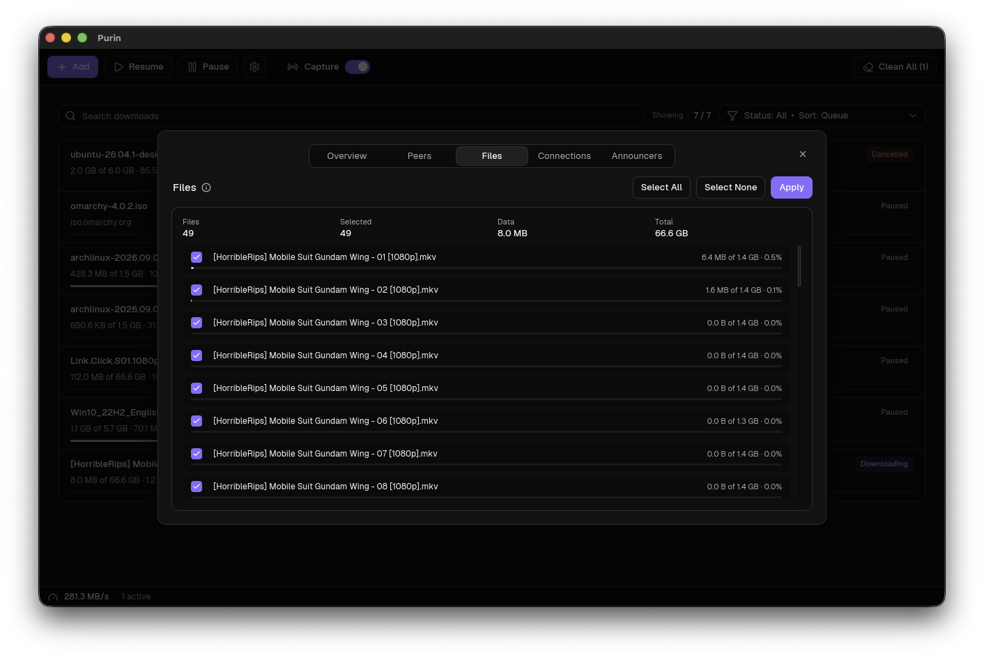 Purin torrent file selection list with per-file progress