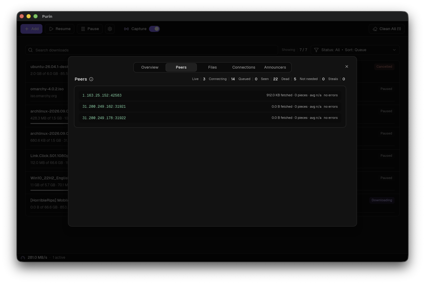Purin torrent peer pool with per-peer counters