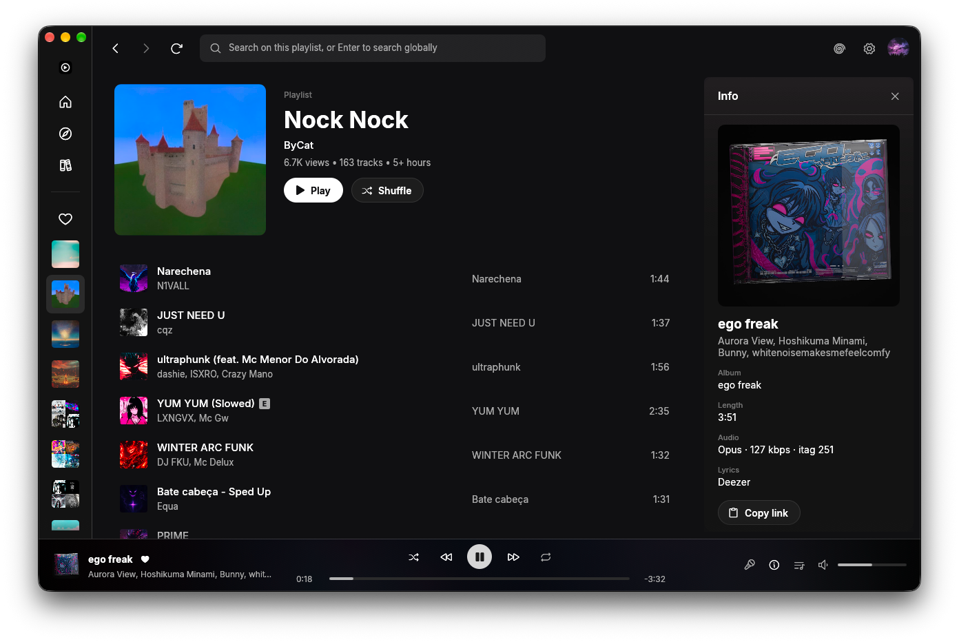 A playlist in Yoru with the Info pane open, showing cover, album, length, audio format and lyrics source