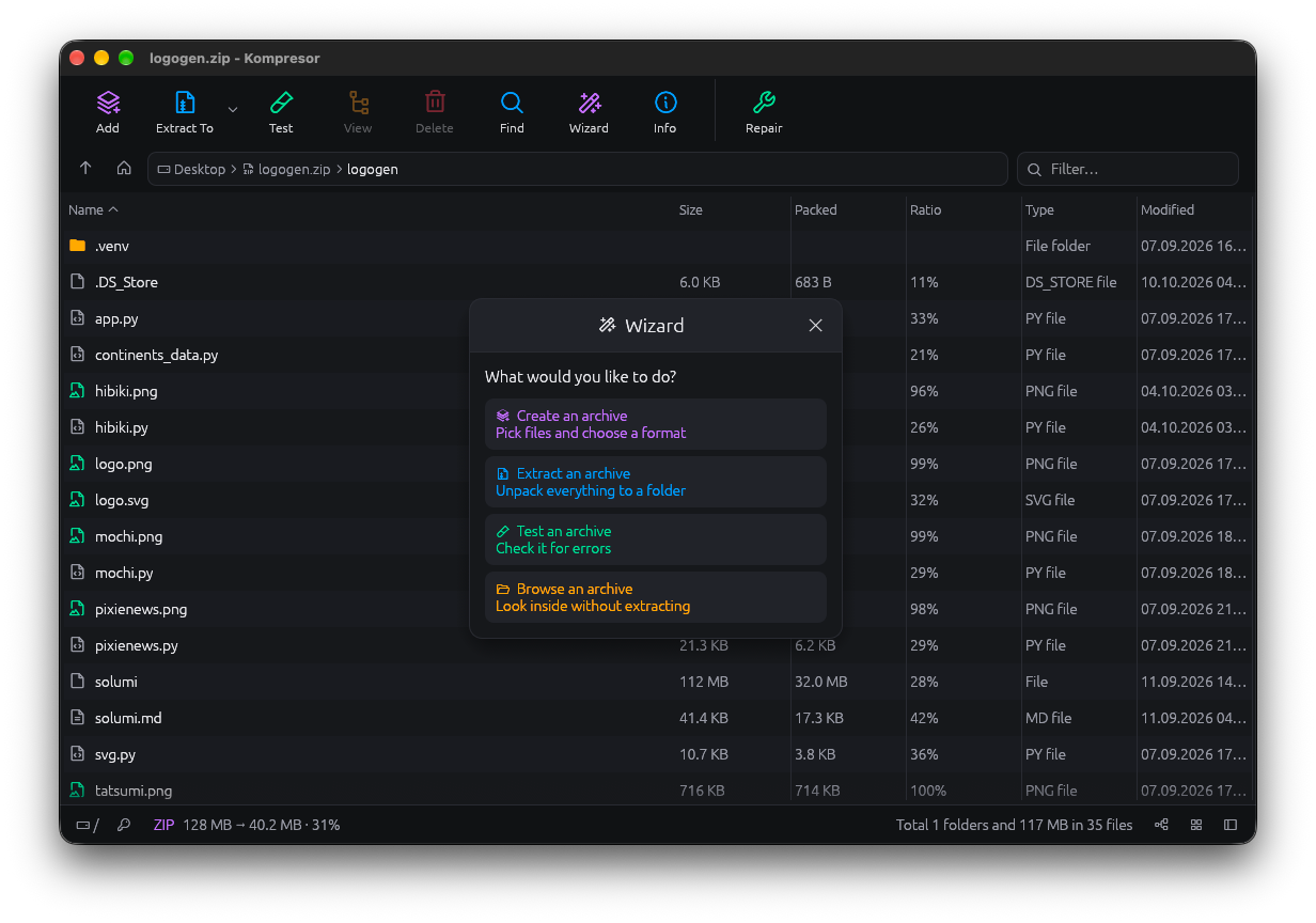 Kompresor's Wizard asking what to do: create, extract, test or browse an archive